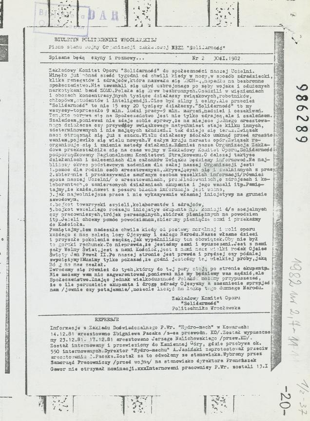 Biuletyn Politechniki Wrocławskiej&nbsp;: pismo stanu wojny Organizacji zakładowej NSZZ &bdquo;Solidarność&rdquo;. 1982, numer&nbsp;2