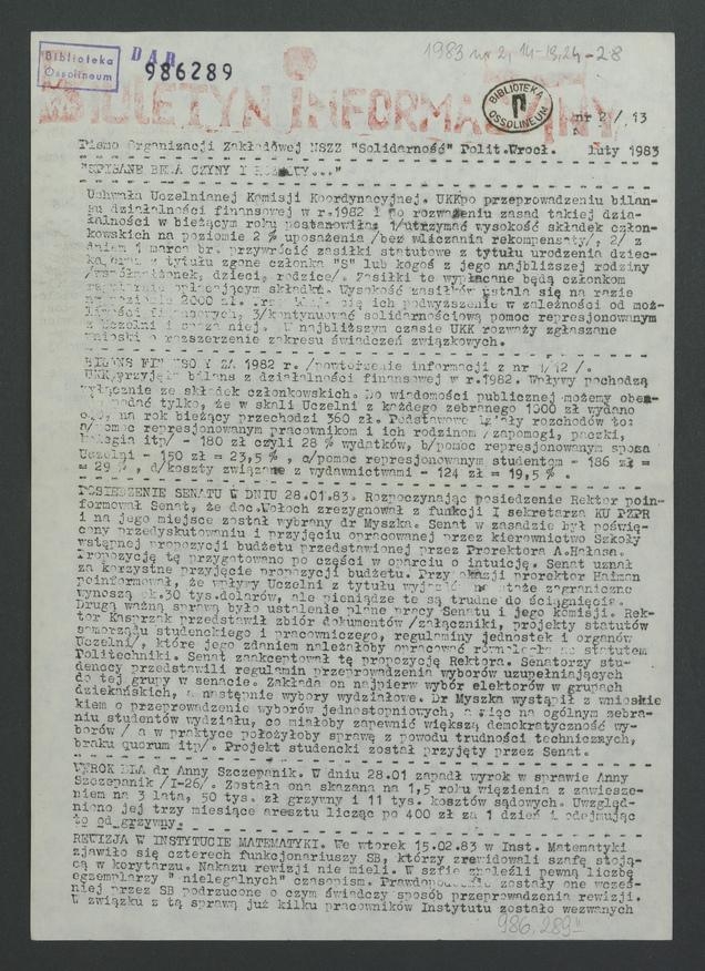 Biuletyn Informacyjny&nbsp;: pismo Organizacji Zakładowej NSZZ &bdquo;Solidarność&rdquo; Politechniki Wrocławskiej. 1983, numer&nbsp;2&nbsp;(13)