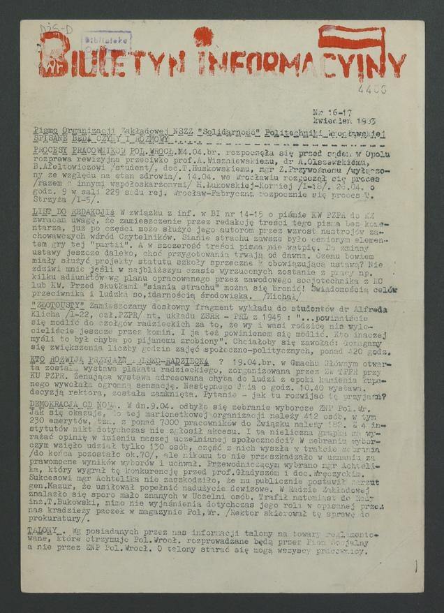 Biuletyn Informacyjny : pismo Organizacji Zakładowej NSZZ „Solidarność” Politechniki Wrocławskiej. 1983, numer 16-17