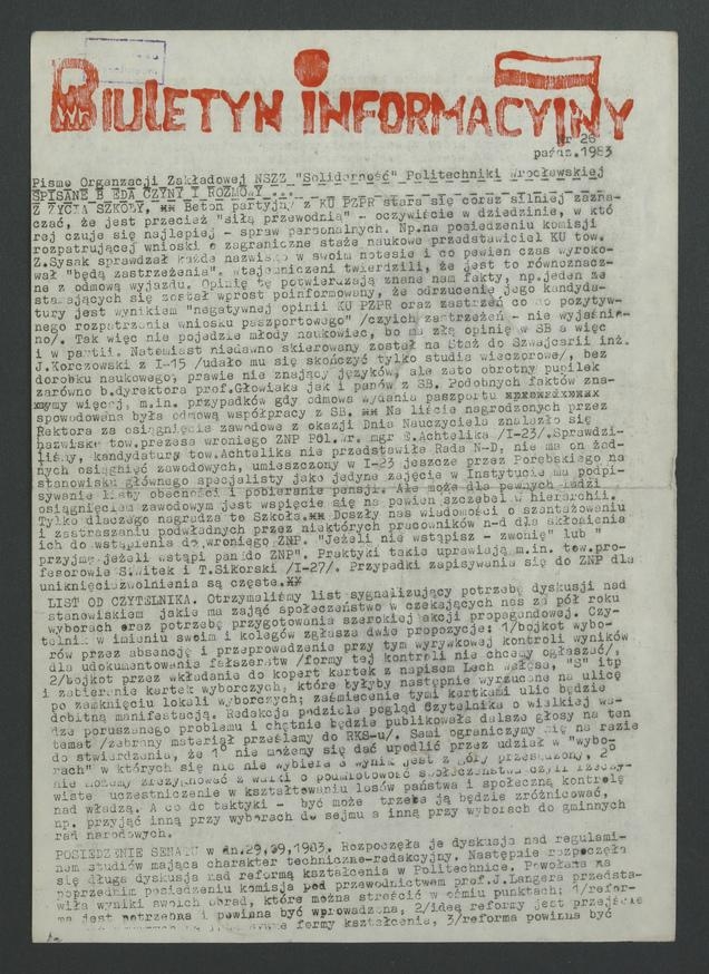 Biuletyn Informacyjny&nbsp;: pismo Organizacji Zakładowej NSZZ &bdquo;Solidarność&rdquo; Politechniki Wrocławskiej. 1983, numer&nbsp;26