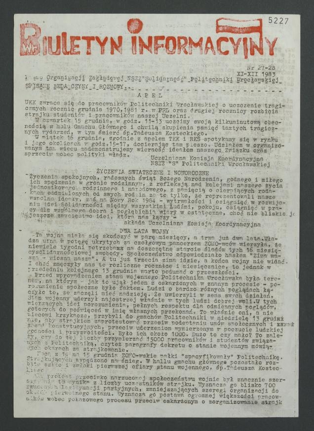 Biuletyn Informacyjny&nbsp;: pismo Organizacji Zakładowej NSZZ &bdquo;Solidarność&rdquo; Politechniki Wrocławskiej. 1983, numer&nbsp;27-28