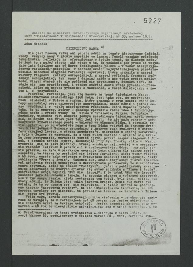 Dodatek do Biuletynu Informacyjnego Organizacji Zakładowej NSZZ „Solidarność” w Politechnice Wrocławskiej. 1984, numer 33