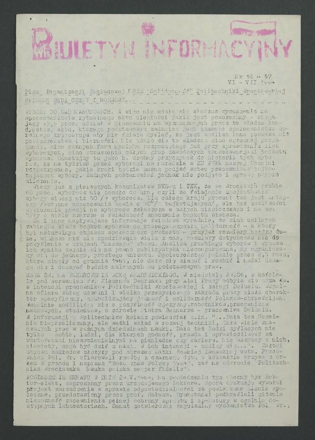 Biuletyn Informacyjny : pismo Organizacji Zakładowej NSZZ „Solidarność” Politechniki Wrocławskiej. 1984, numer 36-67