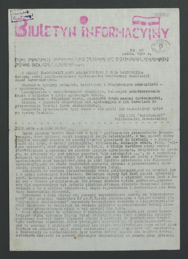 Biuletyn Informacyjny&nbsp;: pismo Organizacji Zakładowej NSZZ &bdquo;Solidarność&rdquo; Politechniki Wrocławskiej. 1984, numer&nbsp;40