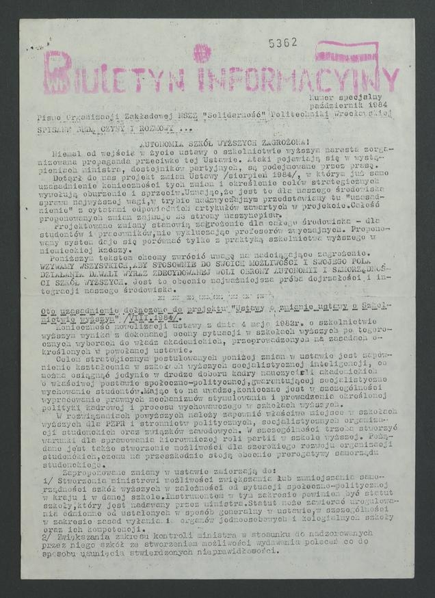 Biuletyn Informacyjny&nbsp;: pismo Organizacji Zakładowej NSZZ &bdquo;Solidarność&rdquo; Politechniki Wrocławskiej. 1984, numer&nbsp;specjalny