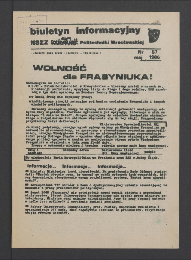 Biuletyn Informacyjny&nbsp;NSZZ &bdquo;Solidarność&rdquo; Politechniki Wrocławskiej. 1986, numer&nbsp;57