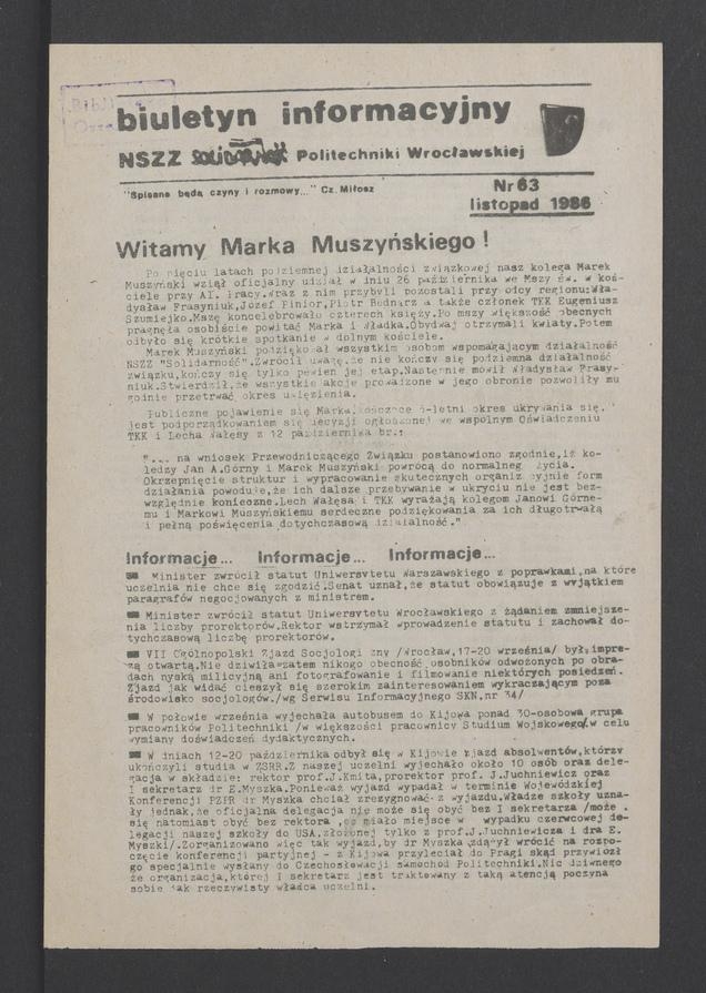 Biuletyn Informacyjny&nbsp;NSZZ &bdquo;Solidarność&rdquo; Politechniki Wrocławskiej. 1986, numer&nbsp;63