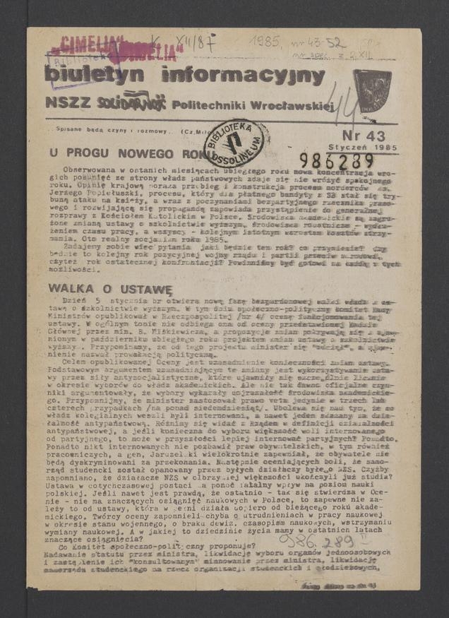 Biuletyn Informacyjny NSZZ „Solidarność” Politechniki Wrocławskiej. 1985, numer 43
