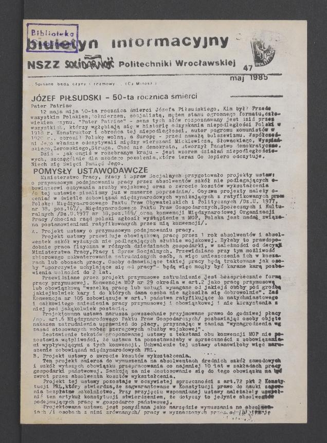Biuletyn Informacyjny&nbsp;NSZZ &bdquo;Solidarność&rdquo; Politechniki Wrocławskiej. 1985, numer&nbsp;47