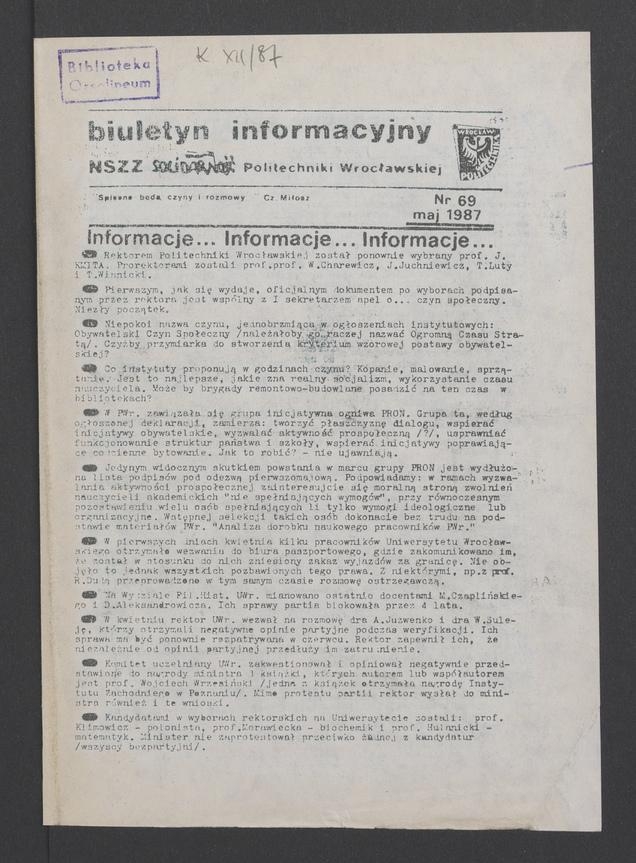 Biuletyn Informacyjny&nbsp;NSZZ &bdquo;Solidarność&rdquo; Politechniki Wrocławskiej. 1987, numer&nbsp;69
