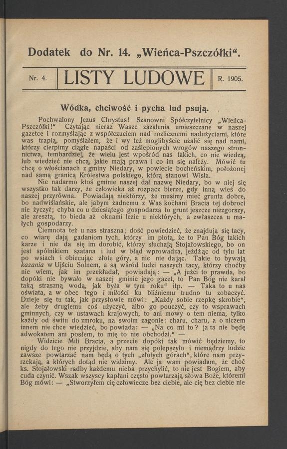 Listy Ludowe&nbsp;: dodatek do&nbsp;numeru&nbsp;14 &bdquo;Wieńca-Pszcz&oacute;łki&rdquo;. 1905, numer&nbsp;4