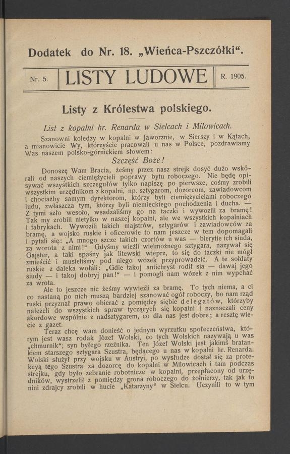 Listy Ludowe&nbsp;: dodatek do&nbsp;numeru&nbsp;18 &bdquo;Wieńca-Pszcz&oacute;łki&rdquo;. 1905, numer&nbsp;5