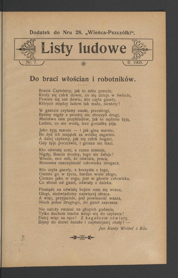 Listy Ludowe&nbsp;: dodatek do&nbsp;numeru&nbsp;28 &bdquo;Wieńca-Pszcz&oacute;łki&rdquo;. 1905, numer&nbsp;7