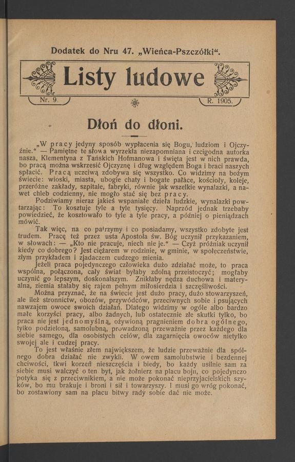 Listy Ludowe&nbsp;: dodatek do&nbsp;numeru&nbsp;47 &bdquo;Wieńca-Pszcz&oacute;łki&rdquo;. 1905, numer&nbsp;9