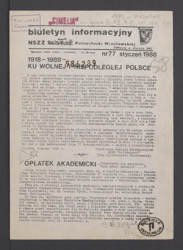 Biuletyn Informacyjny&nbsp;NSZZ &bdquo;Solidarność&rdquo; Politechniki Wrocławskiej. 1988, numer&nbsp;77