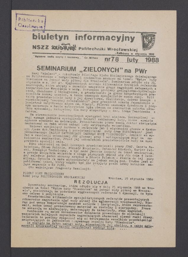 Biuletyn Informacyjny&nbsp;NSZZ &bdquo;Solidarność&rdquo; Politechniki Wrocławskiej. 1988, numer&nbsp;78