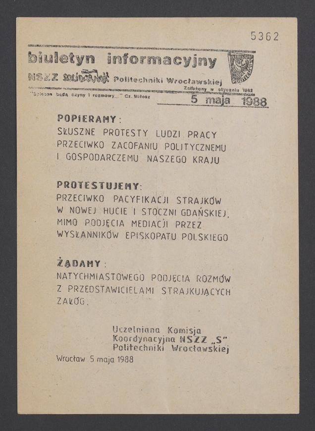 Biuletyn Informacyjny NSZZ „Solidarność” Politechniki Wrocławskiej. 1988, [Popieramy protesty hutników i stoczniowców]