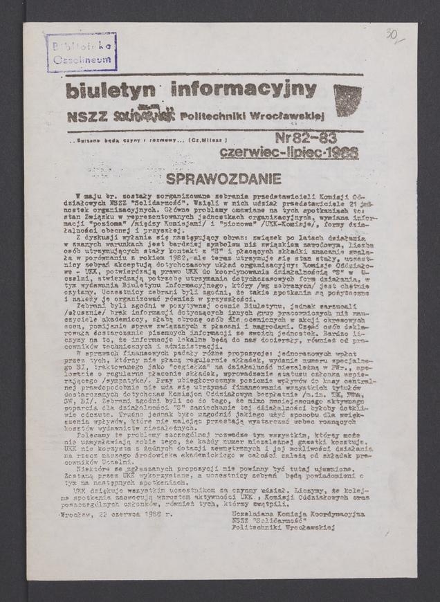 Biuletyn Informacyjny&nbsp;NSZZ &bdquo;Solidarność&rdquo; Politechniki Wrocławskiej. 1988, numer&nbsp;82-83