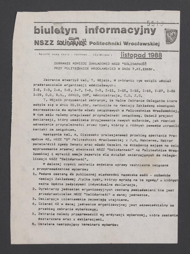Biuletyn Informacyjny&nbsp;NSZZ &bdquo;Solidarność&rdquo; Politechniki Wrocławskiej. 1988, Zebranie Komisji Zakładowej NSZZ &bdquo;Solidarność&rdquo; przy Politechnice Wrocławskiej w&nbsp;dniu 7.XI.1988 r.