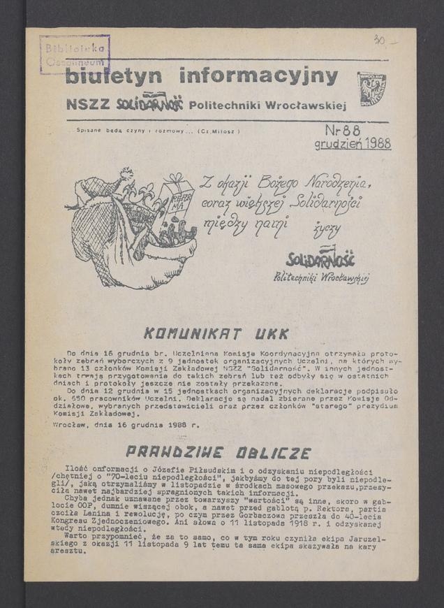 Biuletyn Informacyjny&nbsp;NSZZ &bdquo;Solidarność&rdquo; Politechniki Wrocławskiej. 1988, numer&nbsp;88