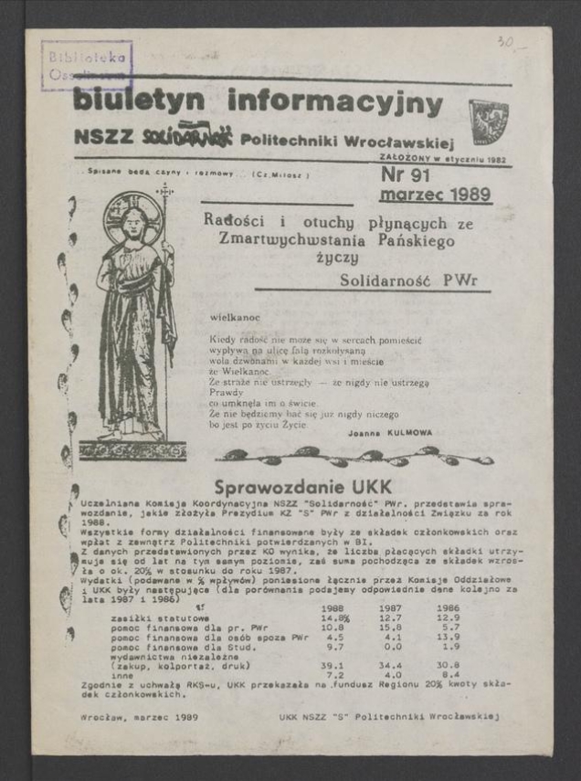 Biuletyn Informacyjny&nbsp;NSZZ &bdquo;Solidarność&rdquo; Politechniki Wrocławskiej. 1989, numer&nbsp;91