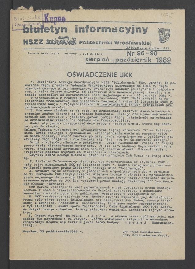 Biuletyn Informacyjny NSZZ „Solidarność” Politechniki Wrocławskiej. 1989, numer 96-98