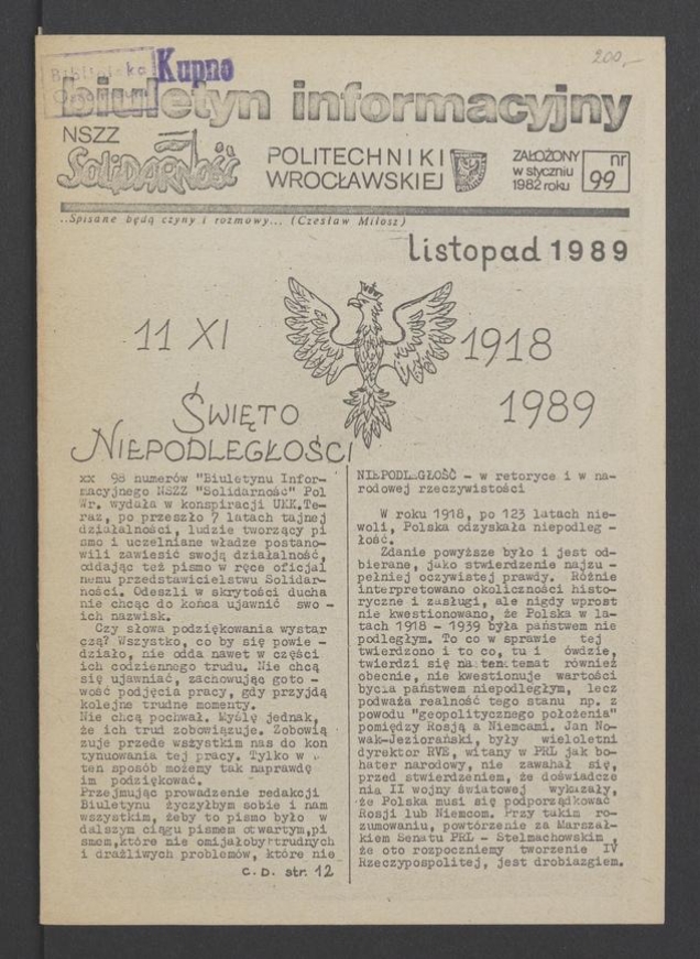 Biuletyn Informacyjny NSZZ „Solidarność” Politechniki Wrocławskiej. 1989, numer 99