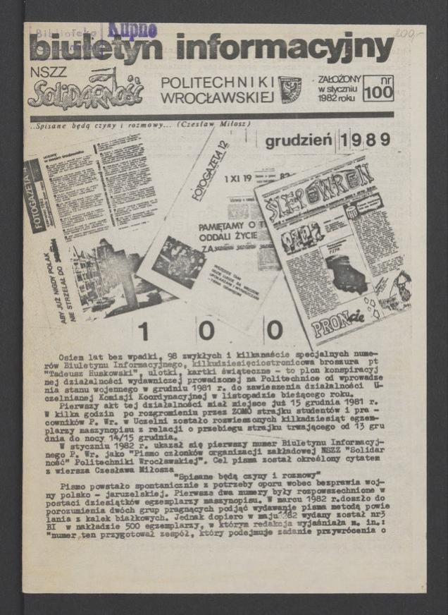 Biuletyn Informacyjny NSZZ „Solidarność” Politechniki Wrocławskiej. 1989, numer 100
