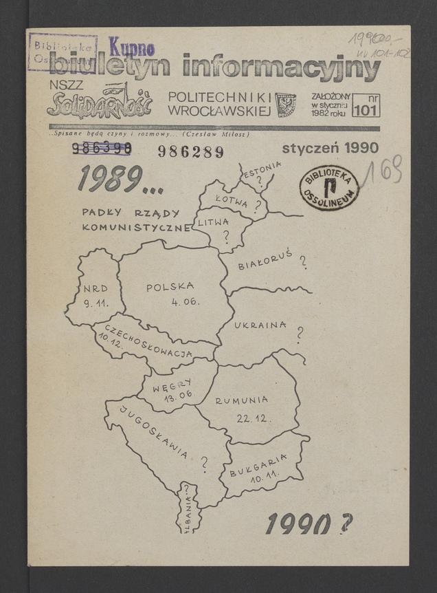 Biuletyn Informacyjny&nbsp;NSZZ &bdquo;Solidarność&rdquo; Politechniki Wrocławskiej. 1989, numer&nbsp;101