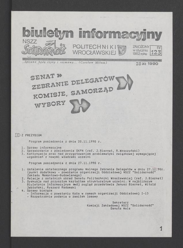 Biuletyn Informacyjny NSZZ „Solidarność” Politechniki Wrocławskiej. 1989, numer 123
