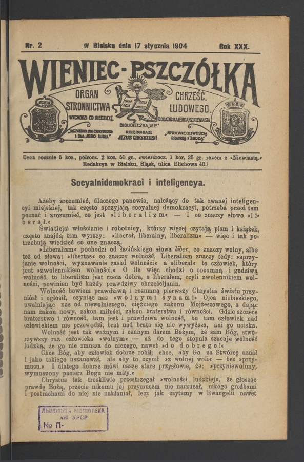 Wieniec-Pszcz&oacute;łka&nbsp;: organ Stronnictwa Chrześcijańsko-Ludowego. Rok&nbsp;30, 1904, numer&nbsp;2