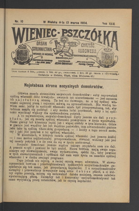 Wieniec-Pszcz&oacute;łka&nbsp;: organ Stronnictwa Chrześcijańsko-Ludowego. Rok&nbsp;30, 1904, numer&nbsp;10