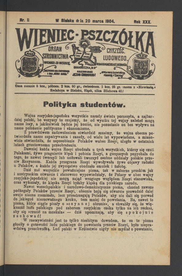 Wieniec-Pszcz&oacute;łka&nbsp;: organ Stronnictwa Chrześcijańsko-Ludowego. Rok&nbsp;30, 1904, numer&nbsp;11