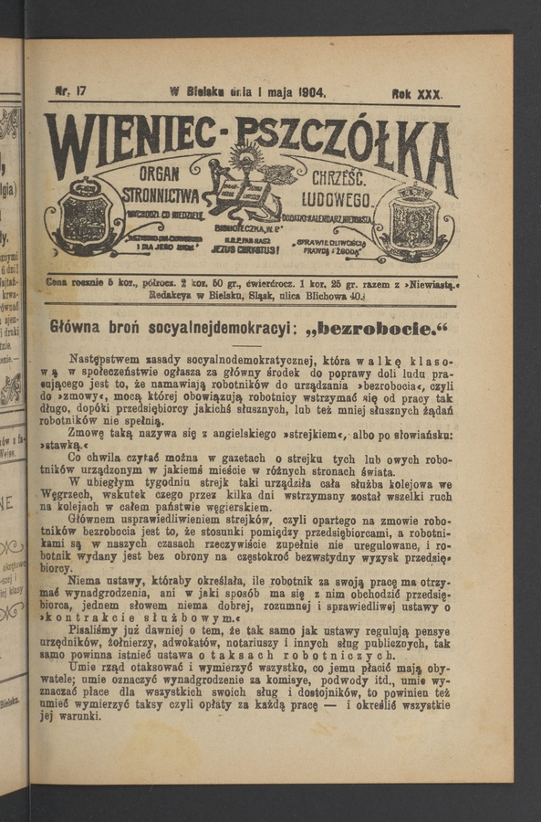 Wieniec-Pszcz&oacute;łka&nbsp;: organ Stronnictwa Chrześcijańsko-Ludowego. Rok&nbsp;30, 1904, numer&nbsp;17