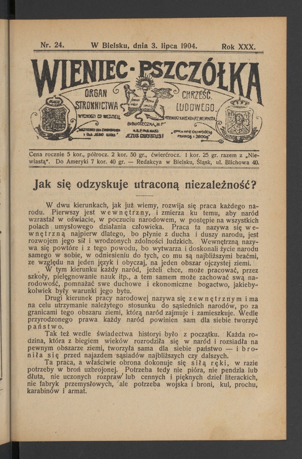 Wieniec-Pszcz&oacute;łka&nbsp;: organ Stronnictwa Chrześcijańsko-Ludowego. Rok&nbsp;30, 1904, numer&nbsp;24