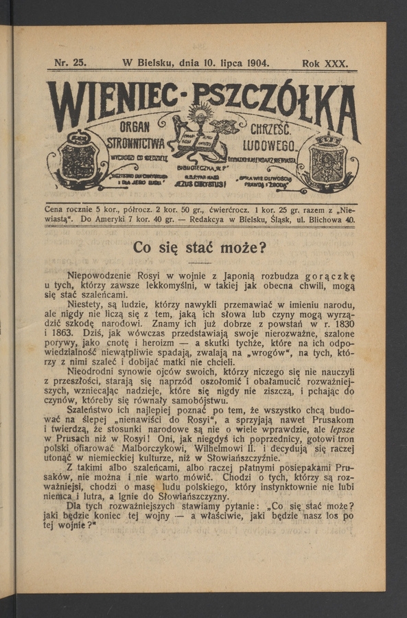 Wieniec-Pszcz&oacute;łka&nbsp;: organ Stronnictwa Chrześcijańsko-Ludowego. Rok&nbsp;30, 1904, numer&nbsp;25