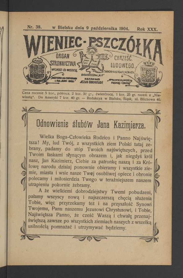 Wieniec-Pszcz&oacute;łka&nbsp;: organ Stronnictwa Chrześcijańsko-Ludowego. Rok&nbsp;30, 1904, numer&nbsp;38