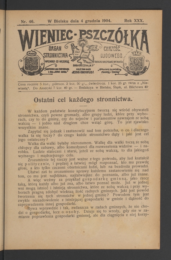 Wieniec-Pszcz&oacute;łka&nbsp;: organ Stronnictwa Chrześcijańsko-Ludowego. Rok&nbsp;30, 1904, numer&nbsp;46