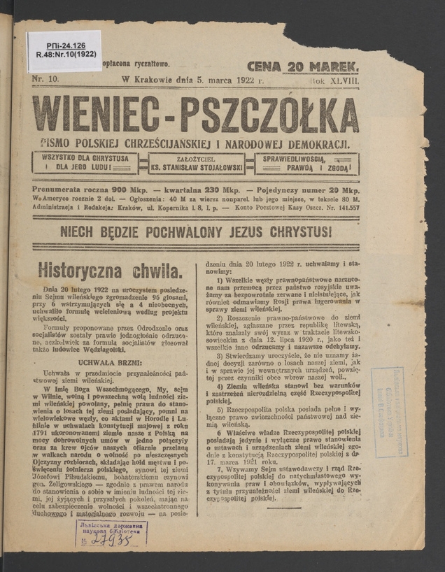 Wieniec-Pszcz&oacute;łka&nbsp;: pismo polskiej chrześcijańskiej i&nbsp;narodowej demokracji. Rok&nbsp;48, 1922, numer&nbsp;10