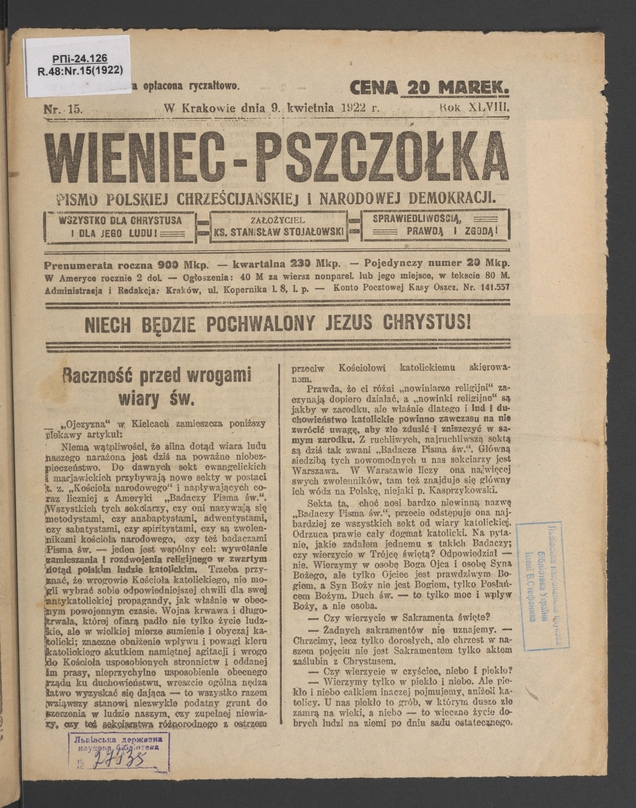 Wieniec-Pszcz&oacute;łka&nbsp;: pismo polskiej chrześcijańskiej i&nbsp;narodowej demokracji. Rok&nbsp;48, 1922, numer&nbsp;15