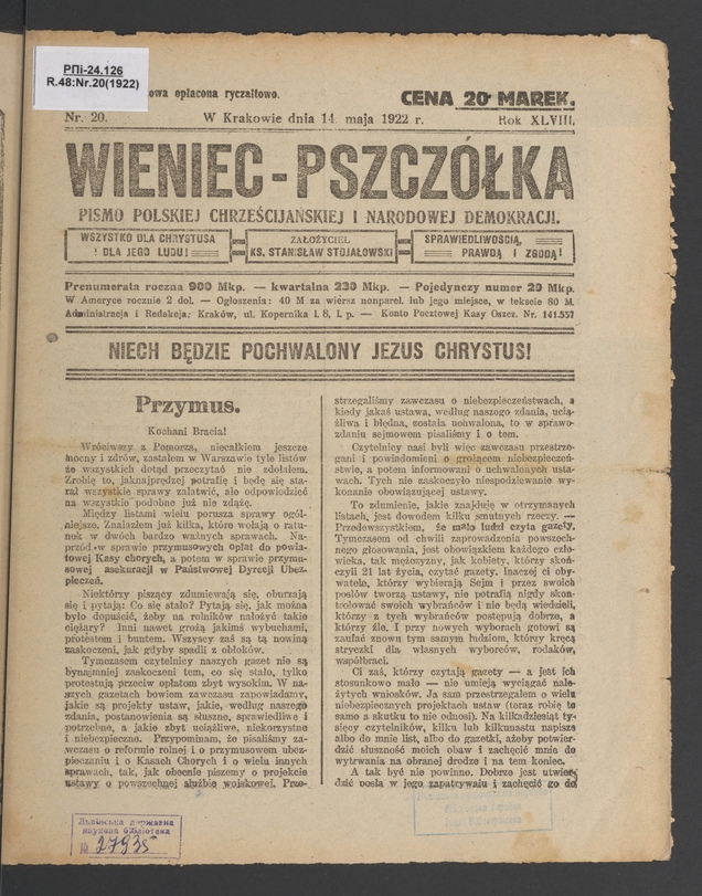 Wieniec-Pszcz&oacute;łka&nbsp;: pismo polskiej chrześcijańskiej i&nbsp;narodowej demokracji. Rok&nbsp;48, 1922, numer&nbsp;20