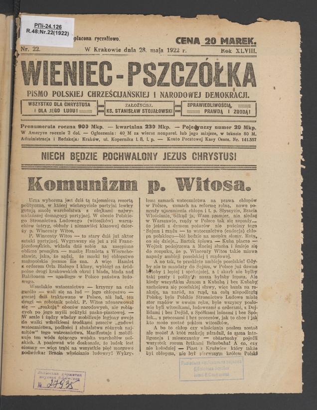 Wieniec-Pszczółka : pismo polskiej chrześcijańskiej i narodowej demokracji. Rok 48, 1922, numer 22