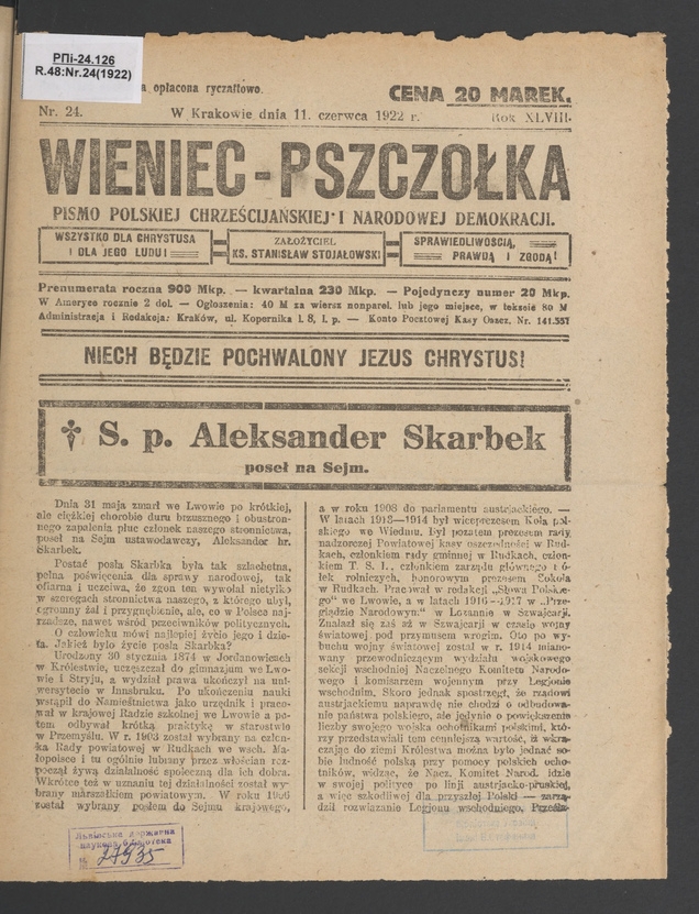 Wieniec-Pszczółka : pismo polskiej chrześcijańskiej i narodowej demokracji. Rok 48, 1922, numer 24