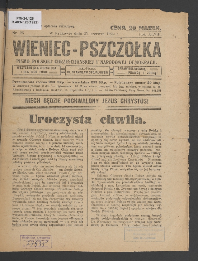 Wieniec-Pszcz&oacute;łka&nbsp;: pismo polskiej chrześcijańskiej i&nbsp;narodowej demokracji. Rok&nbsp;48, 1922, numer&nbsp;26