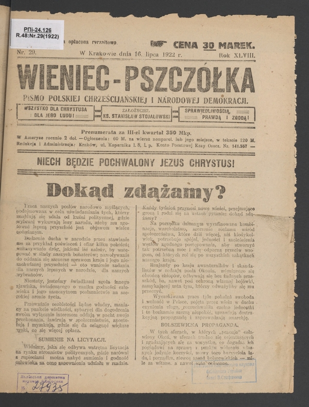 Wieniec-Pszcz&oacute;łka&nbsp;: pismo polskiej chrześcijańskiej i&nbsp;narodowej demokracji. Rok&nbsp;48, 1922, numer&nbsp;29