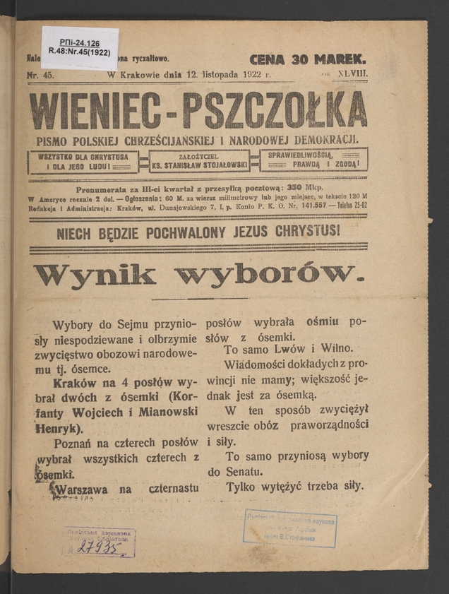Wieniec-Pszcz&oacute;łka&nbsp;: pismo polskiej chrześcijańskiej i&nbsp;narodowej demokracji. Rok&nbsp;48, 1922, numer&nbsp;45