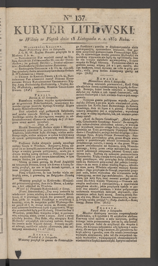 Kuryer Litewski. 1832, numer&nbsp;137