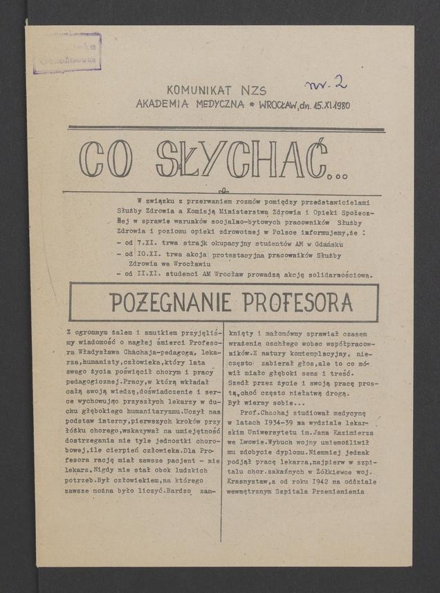 Co&nbsp;słychać&nbsp;: komunikat NZS Akademia Medyczna Wrocław, 1980.11.15