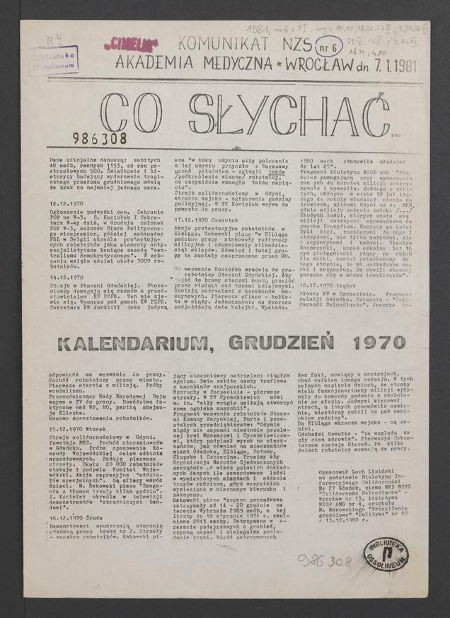Co&nbsp;słychać&nbsp;: komunikat NZS Akademia Medyczna Wrocław, 1981.01.07, numer&nbsp;6