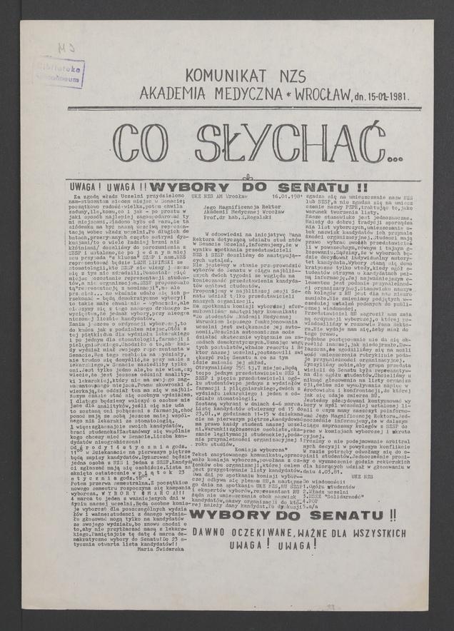 Co&nbsp;słychać&nbsp;: komunikat NZS Akademia Medyczna Wrocław, 1981.02.15